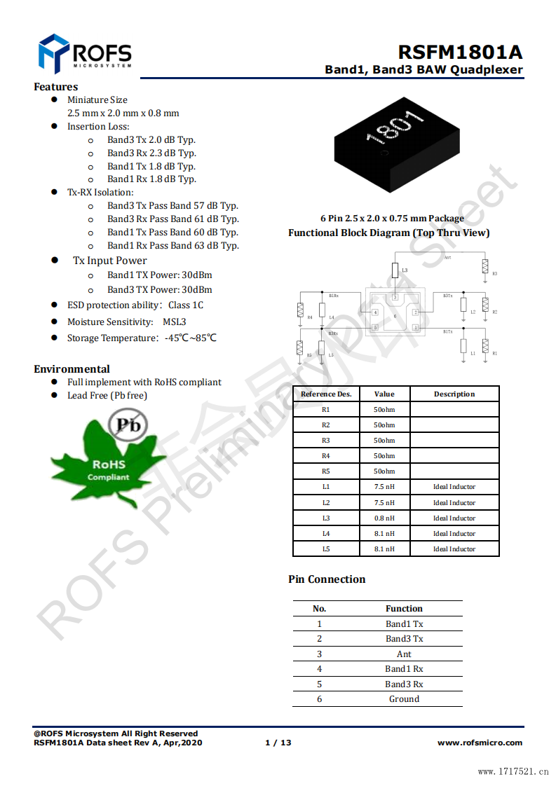 诺思双工器 RSFM1801A