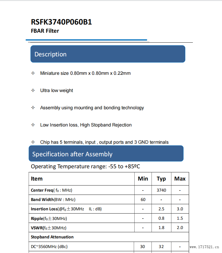  FBAR滤波器RSFK3740P060B1参数