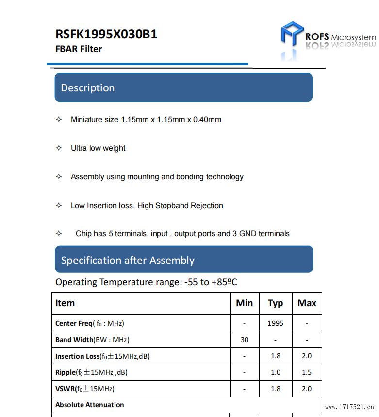 FBAR滤波器RSFK1995X030B1规格书